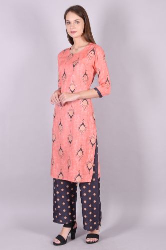 Peach Rayon Kurta With Handwork And Printed Palazzo