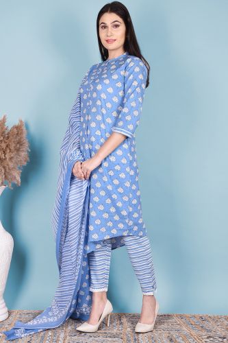 Blue & White Printed High-Low Cotton Kurta with Striped Printed Palazzo Pants and a Dupatta