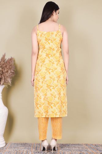 Yellow Printed with Sleeveless Cotton Kurta with Printed Pants and Dupatta