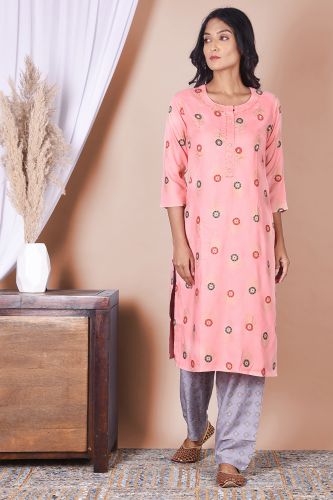 Peach Printed Kurta with Handwork and Printed palazzo Set