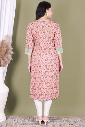 Light Pink Printed Straight-Fit Cotton Kurta