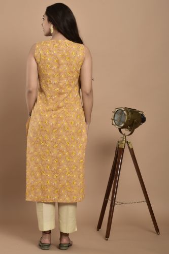 Yellow Printed Straight Fit Cotton Kurta