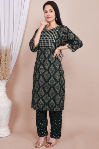 Green Rayon Embroidered Kurta With Palazzo