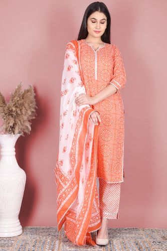 Orange & White Straight Fit Printed Cotton Kurta with Palazzo & Dupatta