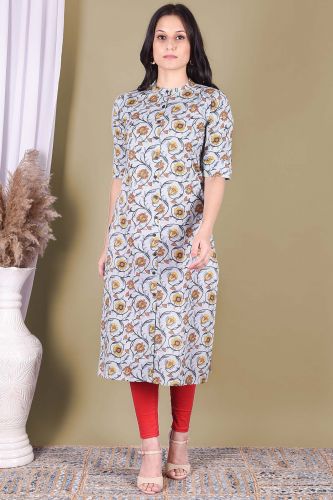 Light Blue Floral Printed Straight Cotton Kurta