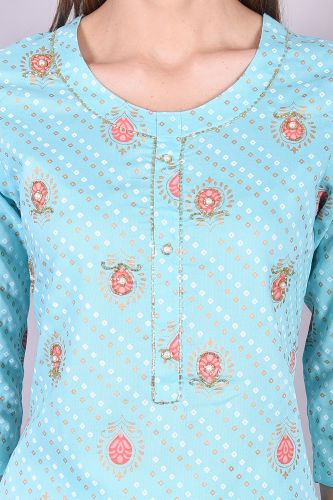 Handwork Sky Blue Kurta with Printed Palazzo
