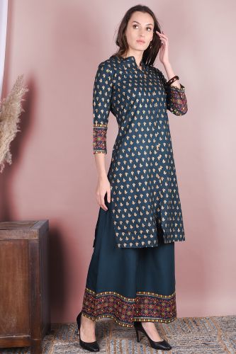 Teal & Gold Printed Kurta With Printed Palazzo