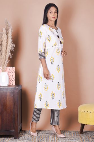 White & Black Printed Kurta With Striped Palazzo 