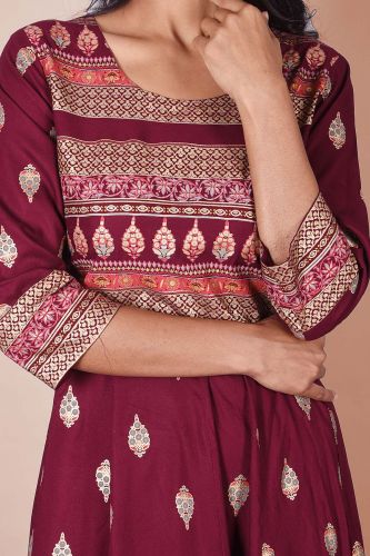 Maroon and Golden Printed A-Line Long Rayon Kurta