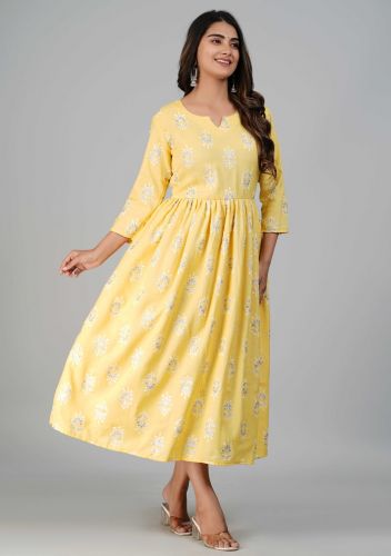 Yellow Flower Printed A-Line Cotton Kurti