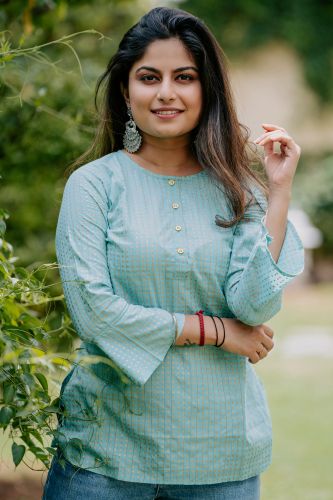 Light Blue Cotton Gold Printed Ethnic Top