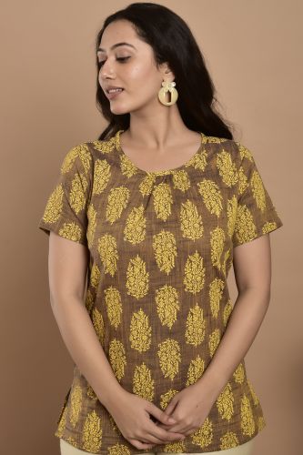 Brown & Mustard Printed Casual Cotton Top