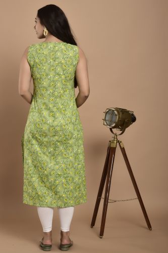 Light Green Printed Sleeveless Cotton Kurta