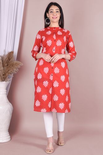 Red Leaf Print Straight Rayon Kurta