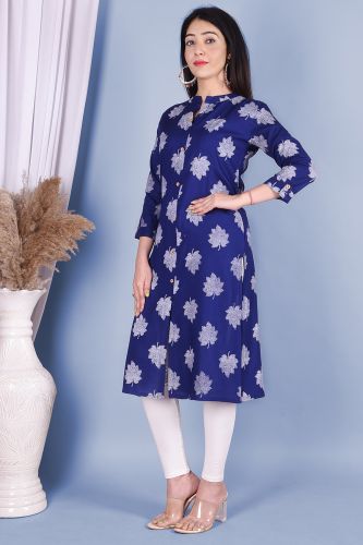 Royal Blue Leaf Print Straight Rayon Kurta