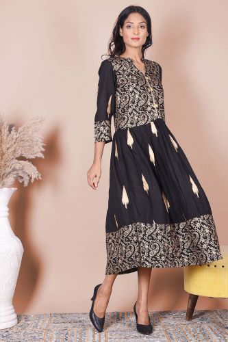 Gold Printed Black Rayon Kurta