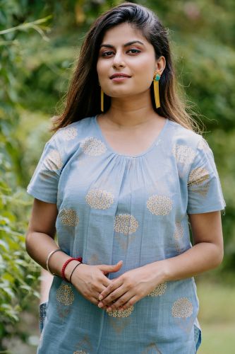 Blue and Golden Printed Cotton Ethnic Top