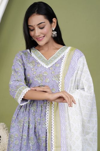 Lavender A-Line Cotton Kurta with Palazzo & Dupatta