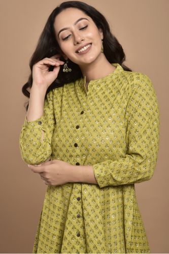 Green High-Low Printed Cotton A-Line Kurta