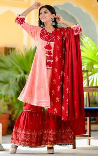 Premium Rayon Pink & Red Printed Flared Kurta with Printed Sharara and Dupatta