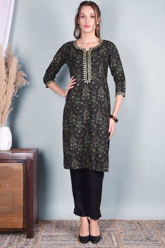 Green & Black Printed Rayon Kurta With Solid Pant 