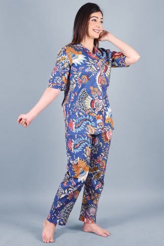 Royal Blue Printed Cotton Night Suit