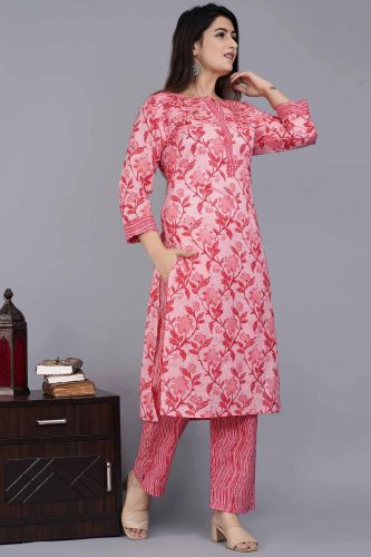 Peach Printed Pintuck Style Cotton Kurta with Pants