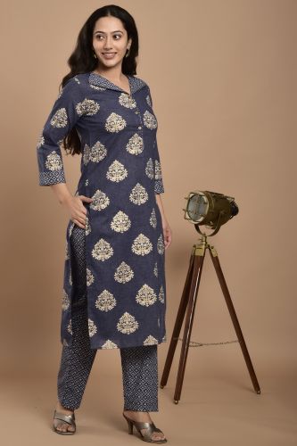 Navy Blue & White Printed Kurta With Printed Pant Set