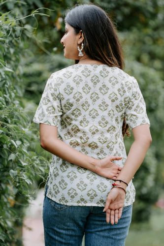 Green & White Printed Cotton Top