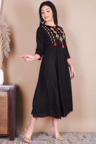 Solid Black Embroidered Rayon A-Line Kurta