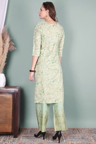 Pista Green Printed Rayon Kurta with Printed Palazzo Pant Set