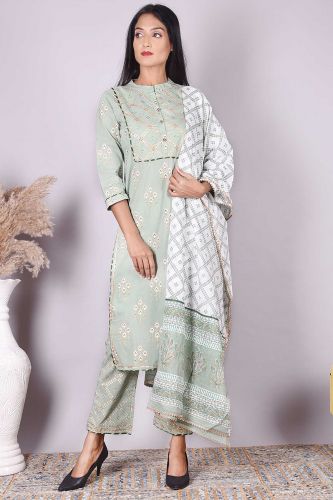 Pista Printed Straight-fit Cotton Kurta with Printed Palazzo Pants and a Dupatta