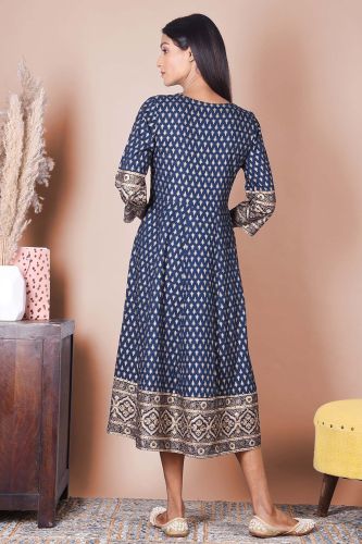 Gold Ethnic Printed Blue Midi Dress 