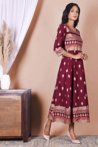 Wine & Golden Printed Rayon A-Line Kurta