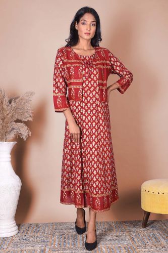 Red & Golden Printed A-Line Kurta With Jacket