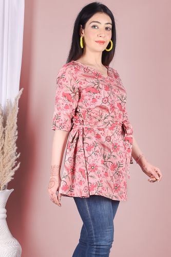 Premium Cotton Mauve and Pink Printed Cotton Top with Belt