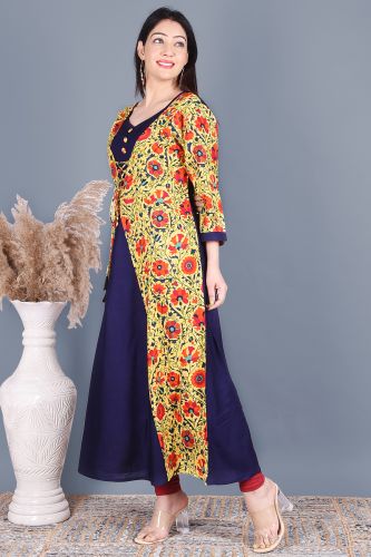 Blue Solid Flared A-Line Rayon Shrug Style Kurta