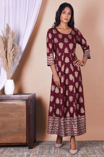 Maroon & Golden Printed Long Rayon Kurta