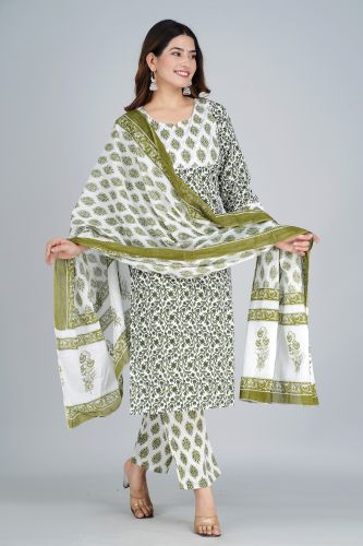 White With Green Print Cotton Kurti With Printed Palazzo and Cotton Dupattaa