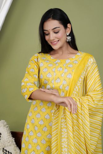 Yellow Floral Printed Kurta With Striped Palazzo & Dupatta