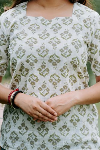 Green and White Printed Cotton Top