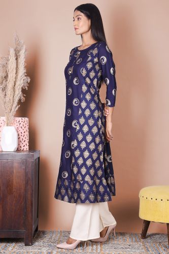 Navy Blue and Gold Printed A-Line Rayon Kurta
