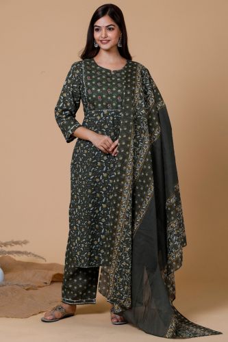 Green Floral Printed A-Line Cotton Kurta With Handwork, Printed Palazzo & Dupatta