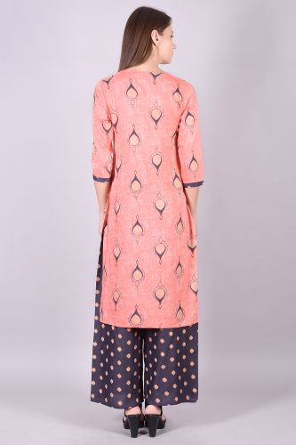 Peach Rayon Kurta With Handwork And Printed Palazzo