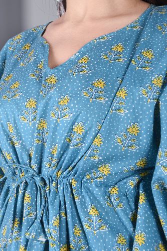 Blue Floral Printed Kaftan Cotton Top
