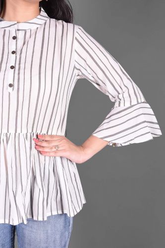 Grey & White Stripe Printed Flared Cotton Top