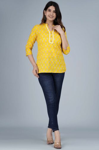 Mustard Floral Printed Cotton Top