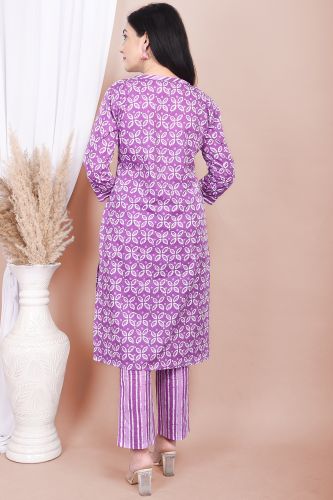 Premium Cotton Purple Pintex Kurta with Palazzo Pants and White Dupatta Ethnic Set