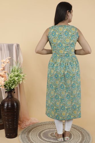 Premium Cotton Printed Sleeveless Teal A-Line Kurta