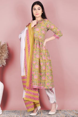 Grey Floral Printed Cotton Kurta with Printed Palazzo and a Dupatta Set